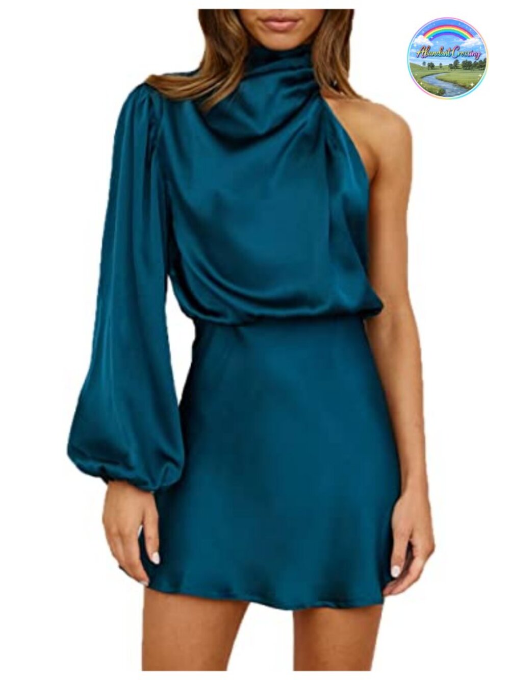 Satin Long Sleeve One Shoulder High Neck Mini Dress with Back Cutout